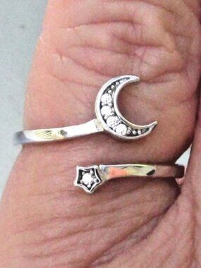 Vintage Signed JTS Sterling Silver MOON & STAR Rhinestone Ring